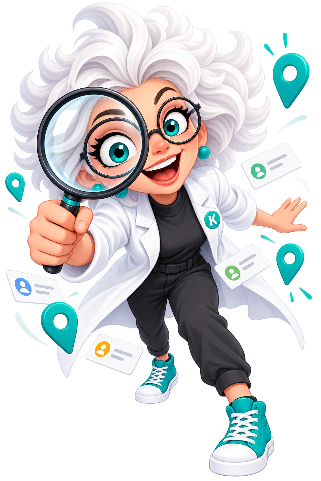 Dra. Loka investigando leads locais com uma lupa